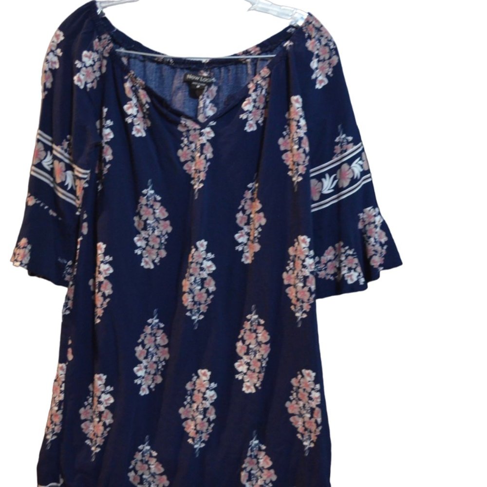 NEW LOOK Navy Blue Floral Prints 1/3 Sleeves Flare Ties Neck Women Mini Dress M